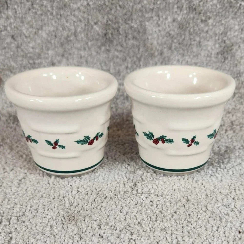 Longaberger Votive Cups Ivory Christmas Holly Pottery Set of‎ 2